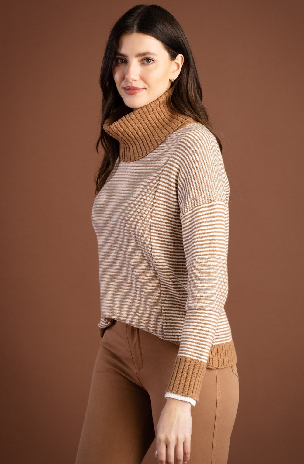 Tobacco and Cream Contrast Knit Jumper with Removeable Snood