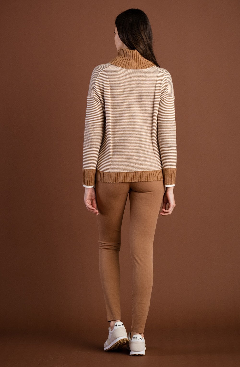 Tobacco and Cream Contrast Knit Jumper with Removeable Snood