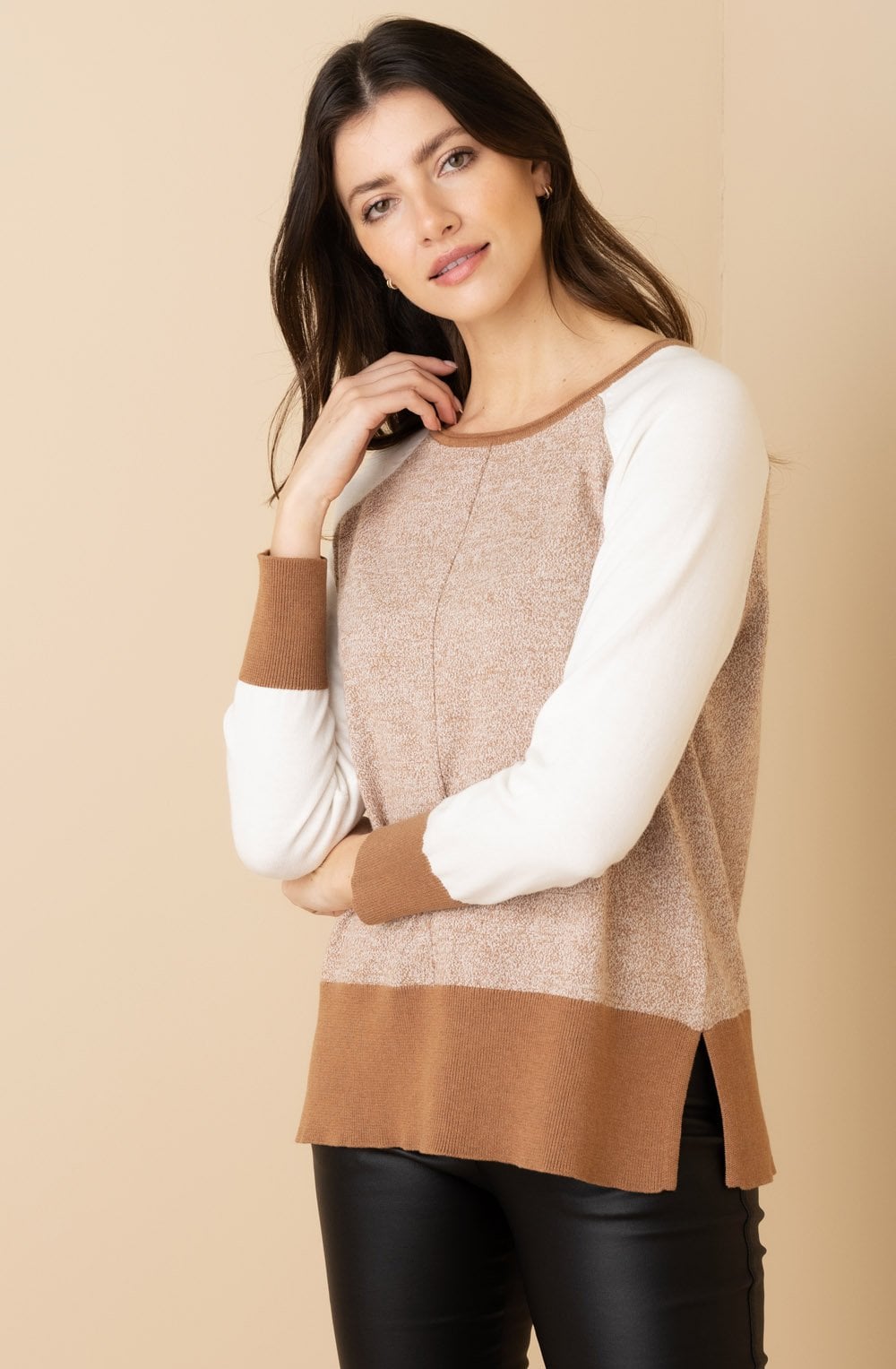 Tobacco and Cream Relaxed Jumper With Removeable Snood