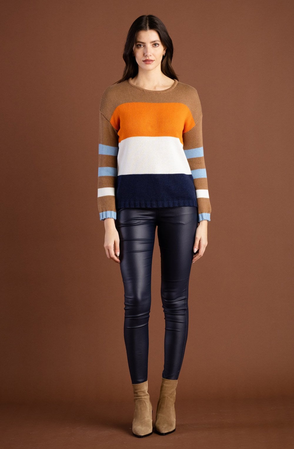 Tobacco and Orange Colour Block Jumper