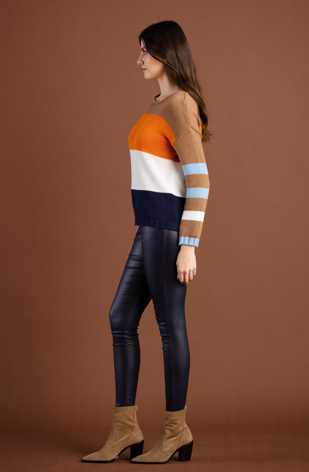 Tobacco and Orange Colour Block Jumper