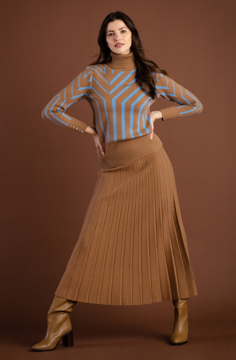 Tobacco and Powder Blue Art Deco Polo Neck Jumper