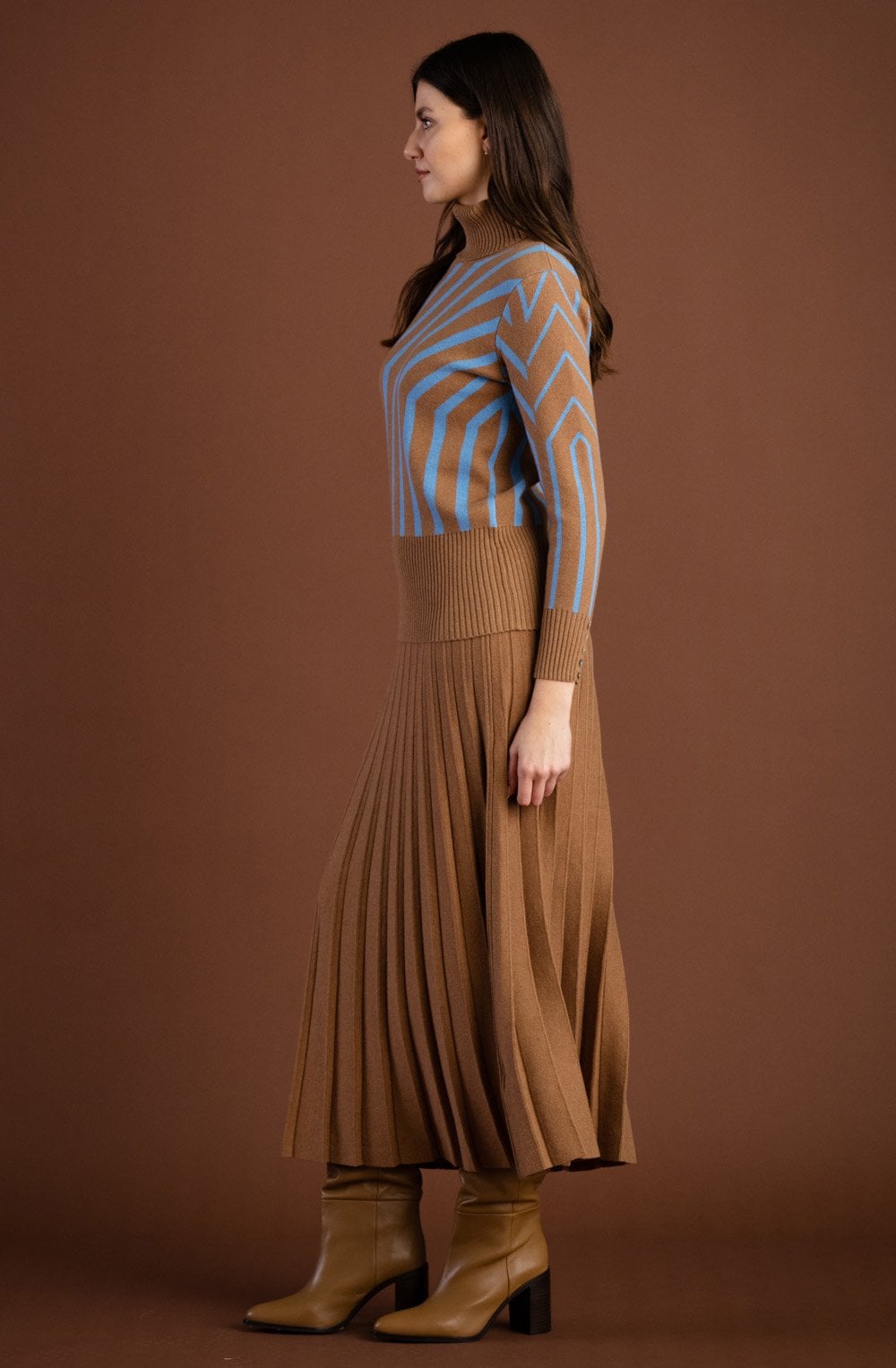Tobacco and Powder Blue Art Deco Polo Neck Jumper