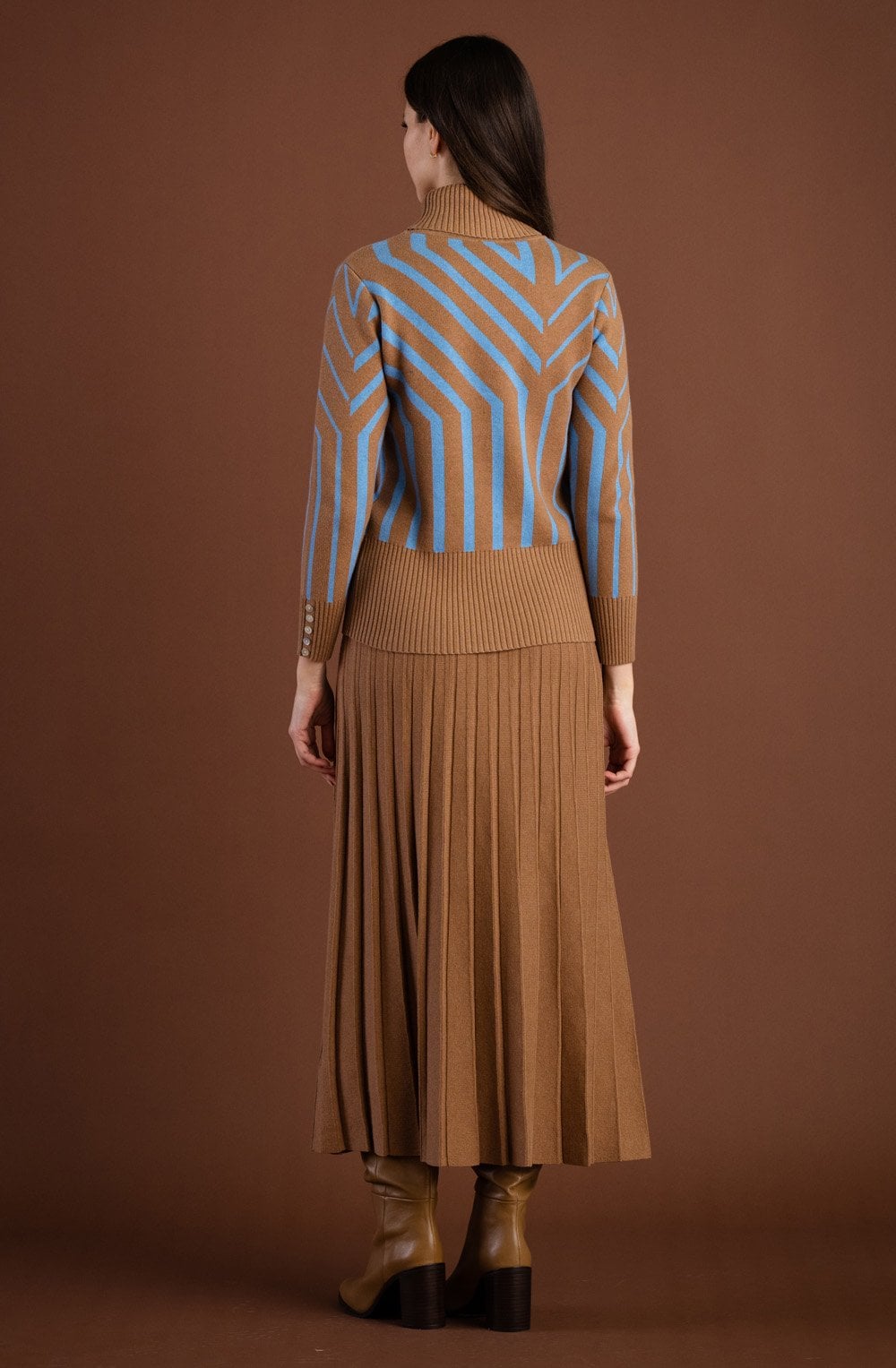 Tobacco and Powder Blue Art Deco Polo Neck Jumper
