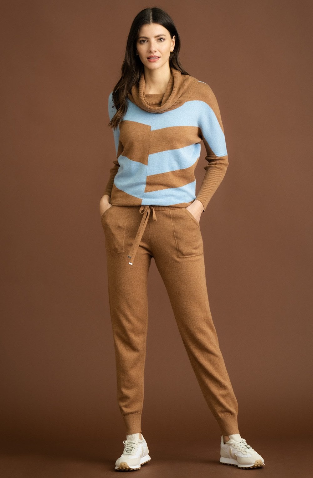 Tobacco and Powder Blue Cowl Neck Batwing Jumper