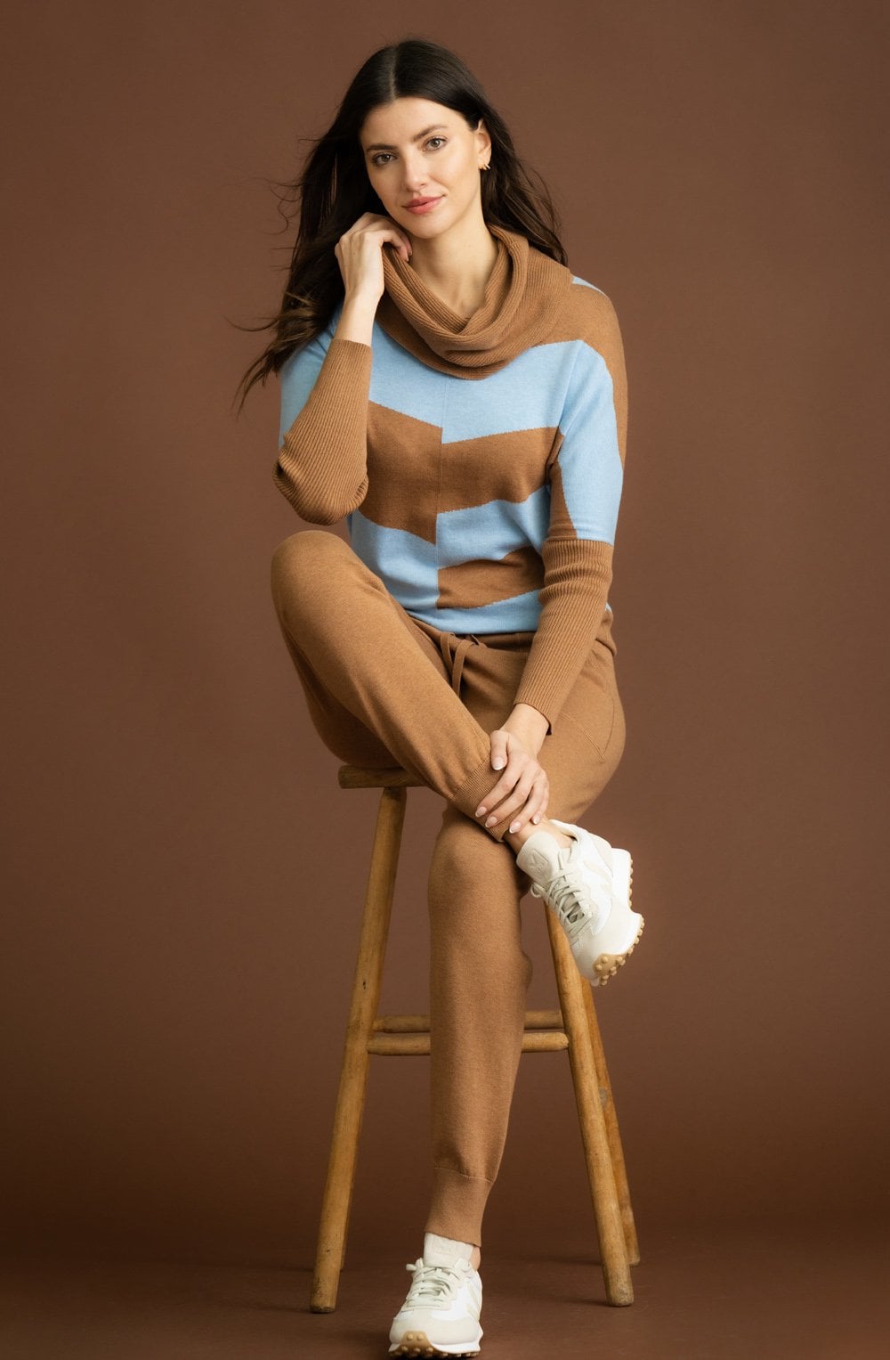 Tobacco and Powder Blue Cowl Neck Batwing Jumper