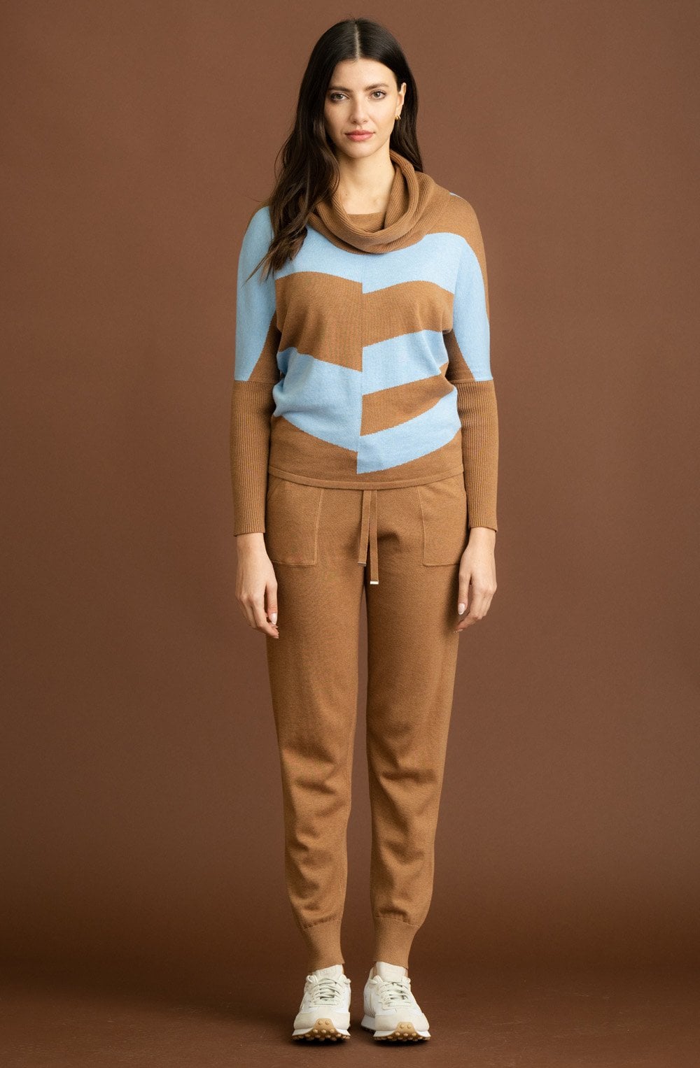 Tobacco and Powder Blue Cowl Neck Batwing Jumper