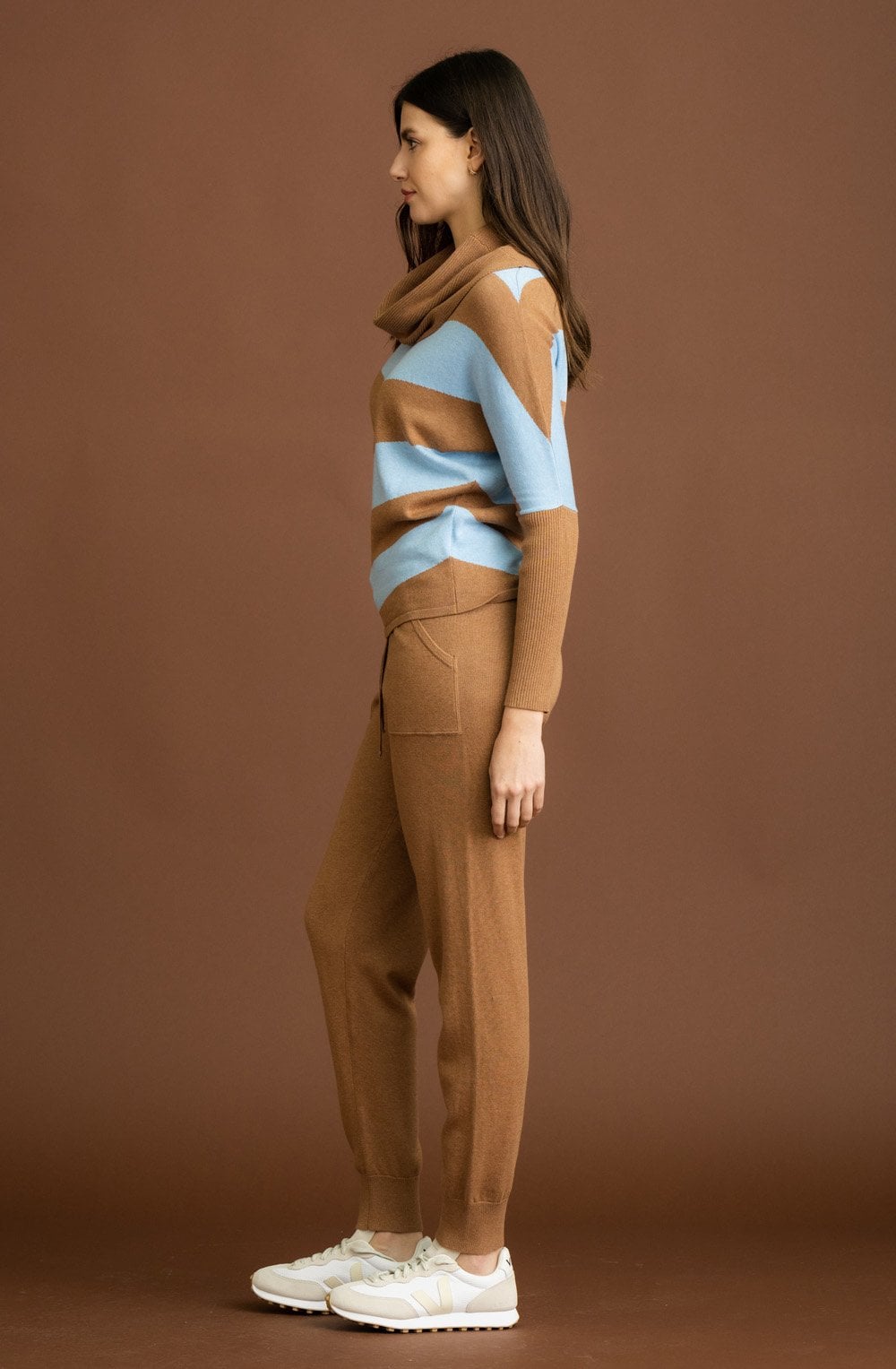 Tobacco and Powder Blue Cowl Neck Batwing Jumper
