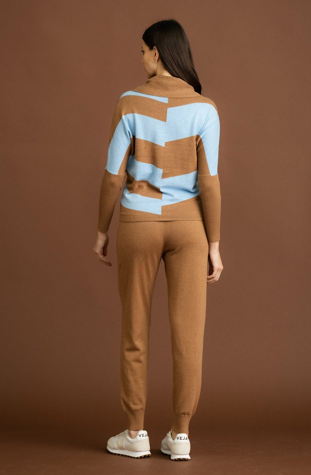 Tobacco and Powder Blue Cowl Neck Batwing Jumper