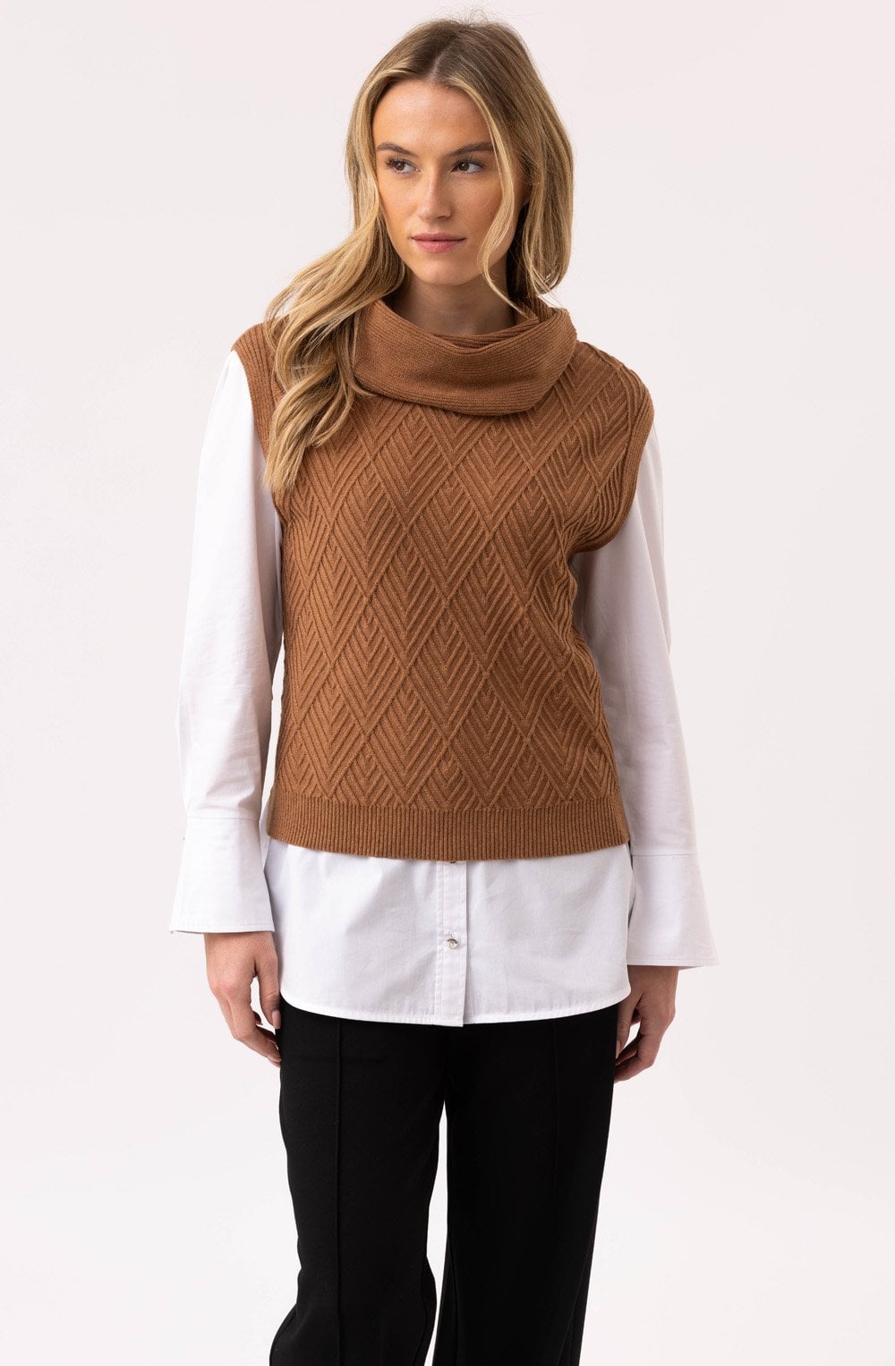 Tobacco Cowl Neck Knitted Vest
