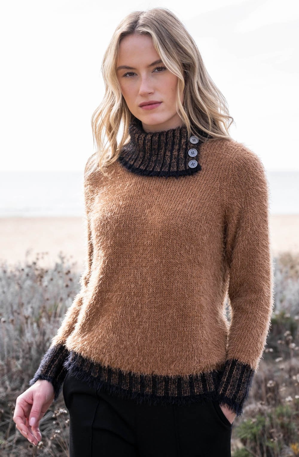 Tobacco Feather Yarn Button Neck Jumper