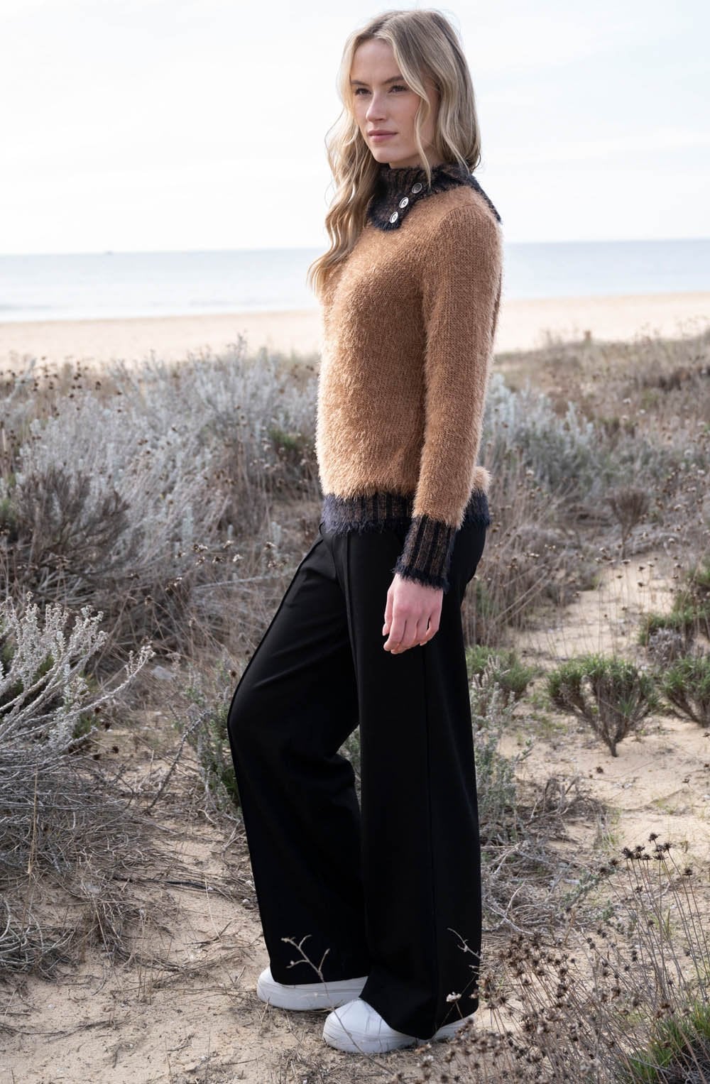 Tobacco Feather Yarn Button Neck Jumper