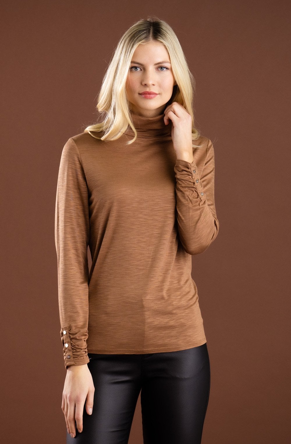 Tobacco Jersey Polo Neck Top