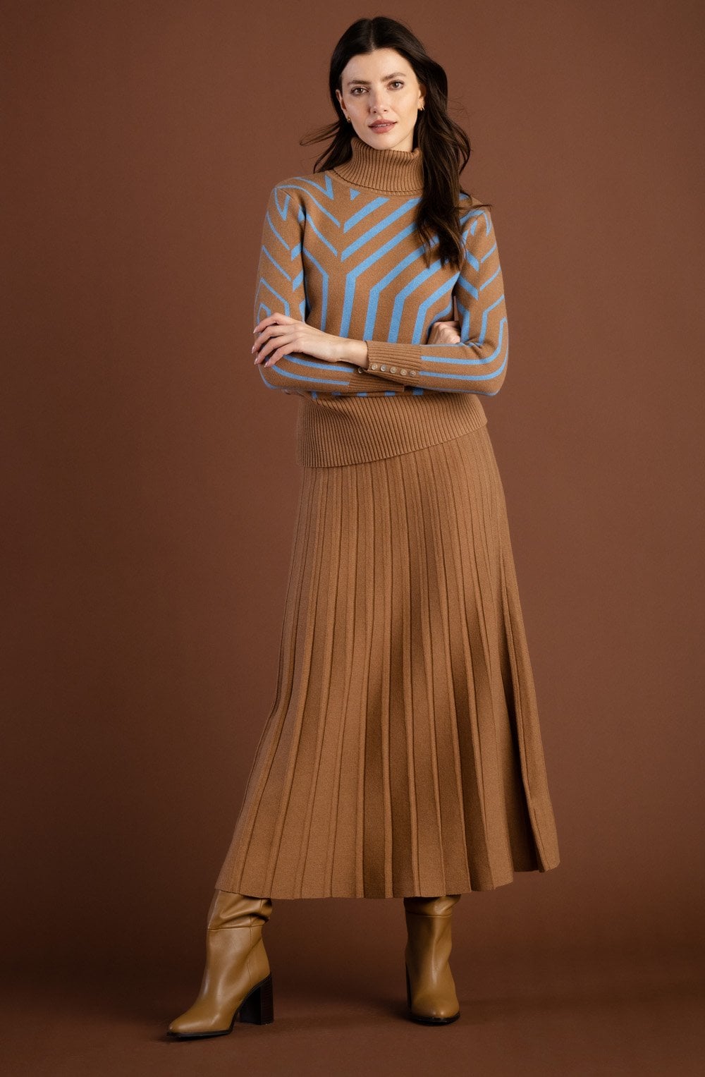 Tobacco Knitted Pleated Midi Skirt