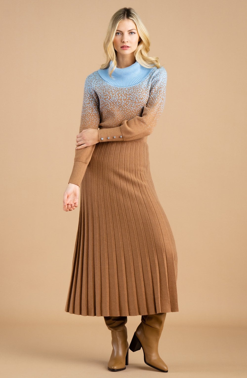 Tobacco Knitted Pleated Midi Skirt