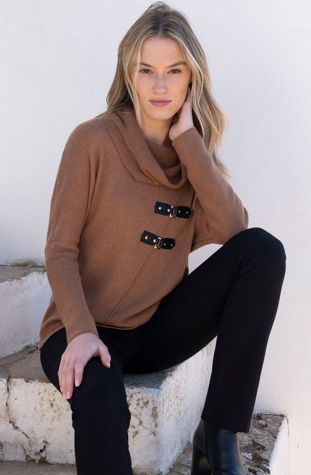 Tobacco Oversized Jumper with Faux Leather Details