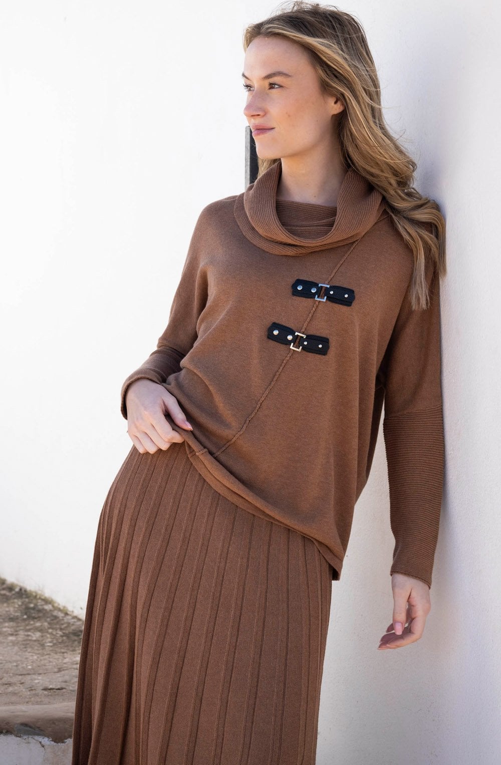 Tobacco Oversized Jumper with Faux Leather Details