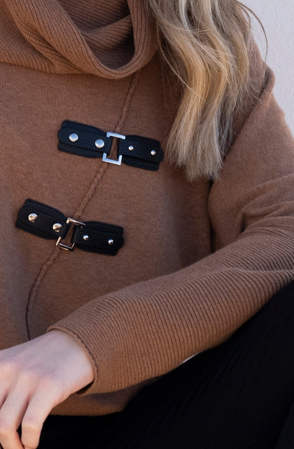 Tobacco Oversized Jumper with Faux Leather Details