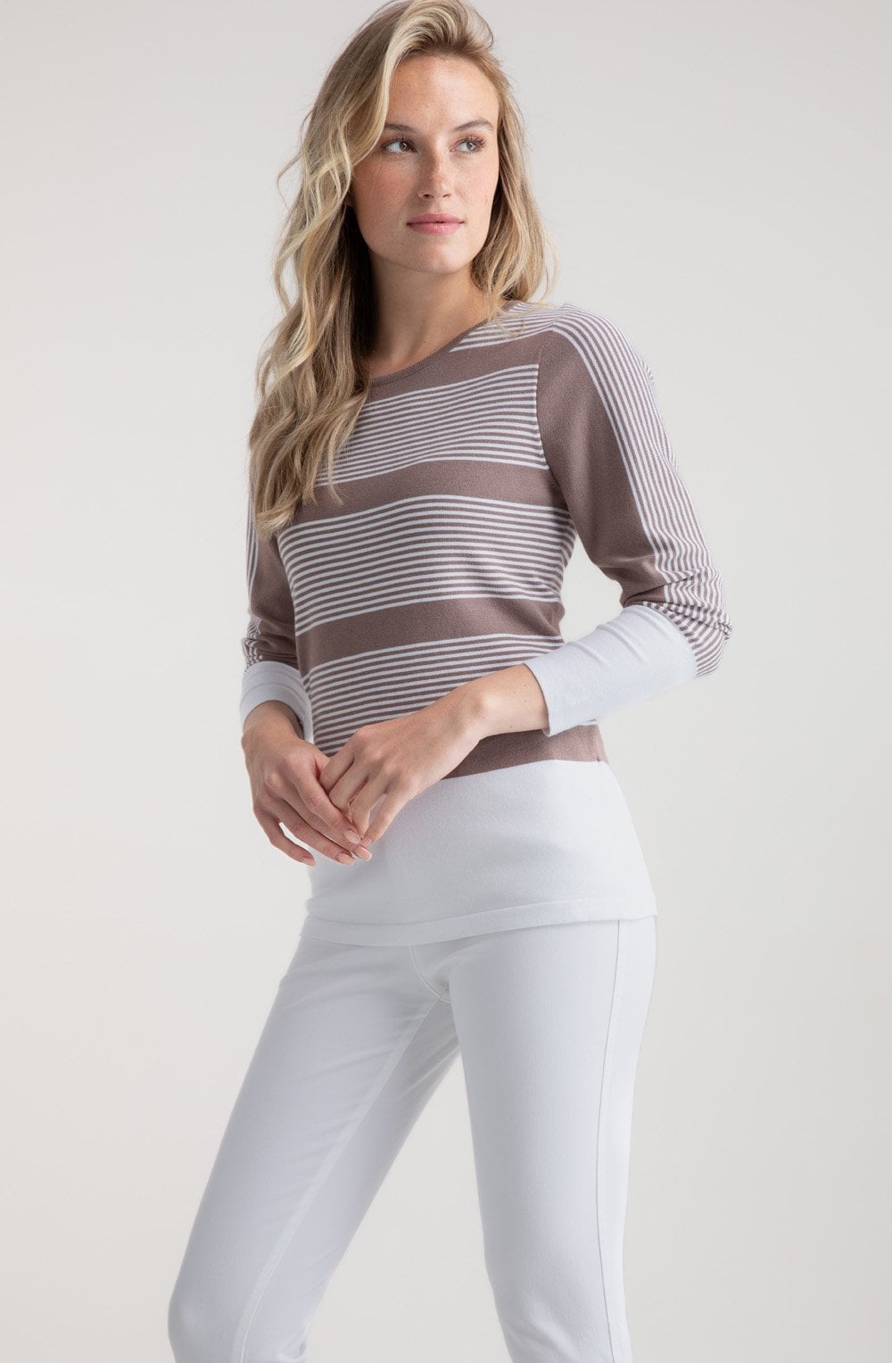 Toffee Brown Colour Block and Pin Stripe Jumper