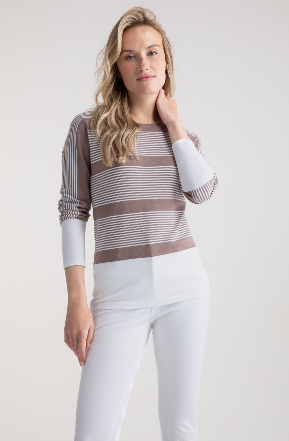 Toffee Brown Colour Block and Pin Stripe Jumper