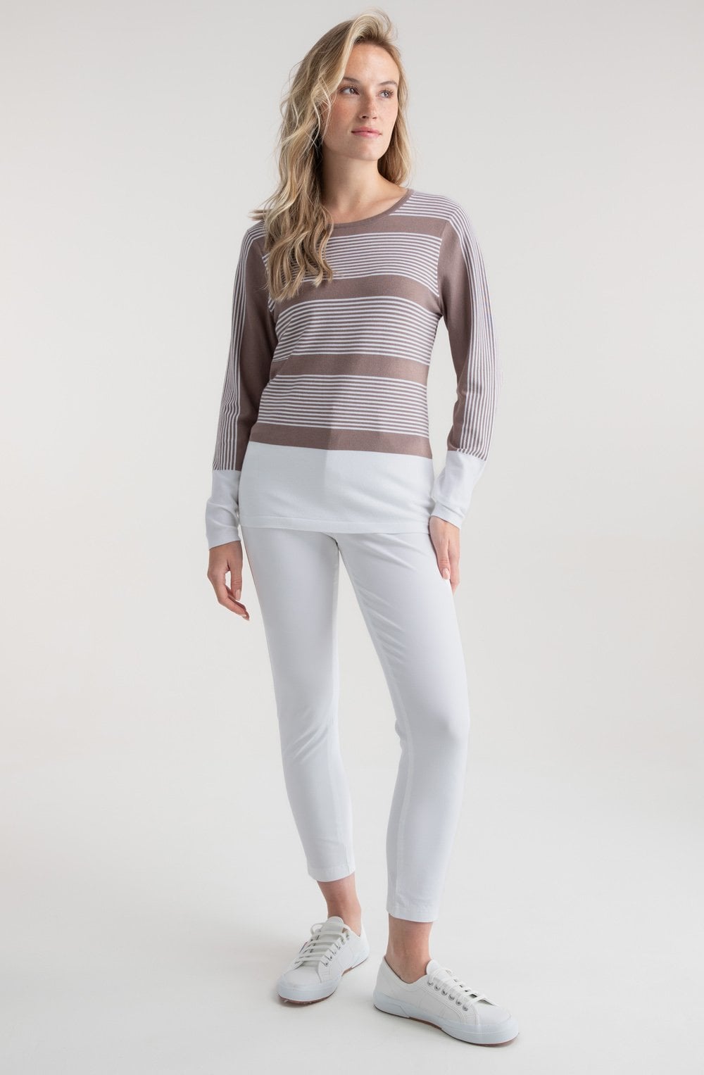Toffee Brown Colour Block and Pin Stripe Jumper