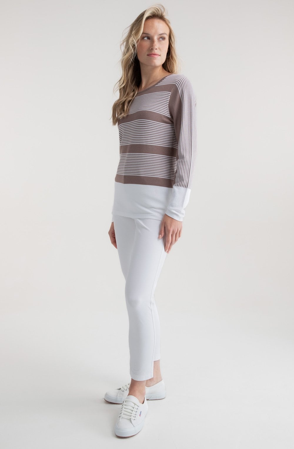Toffee Brown Colour Block and Pin Stripe Jumper