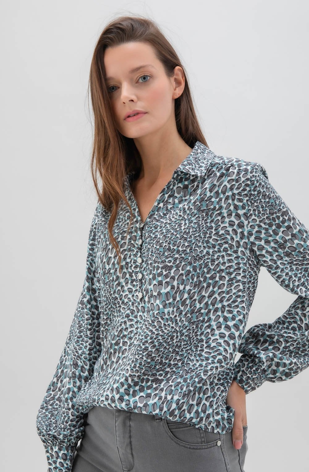 Turquoise Collared V Neck Blouse