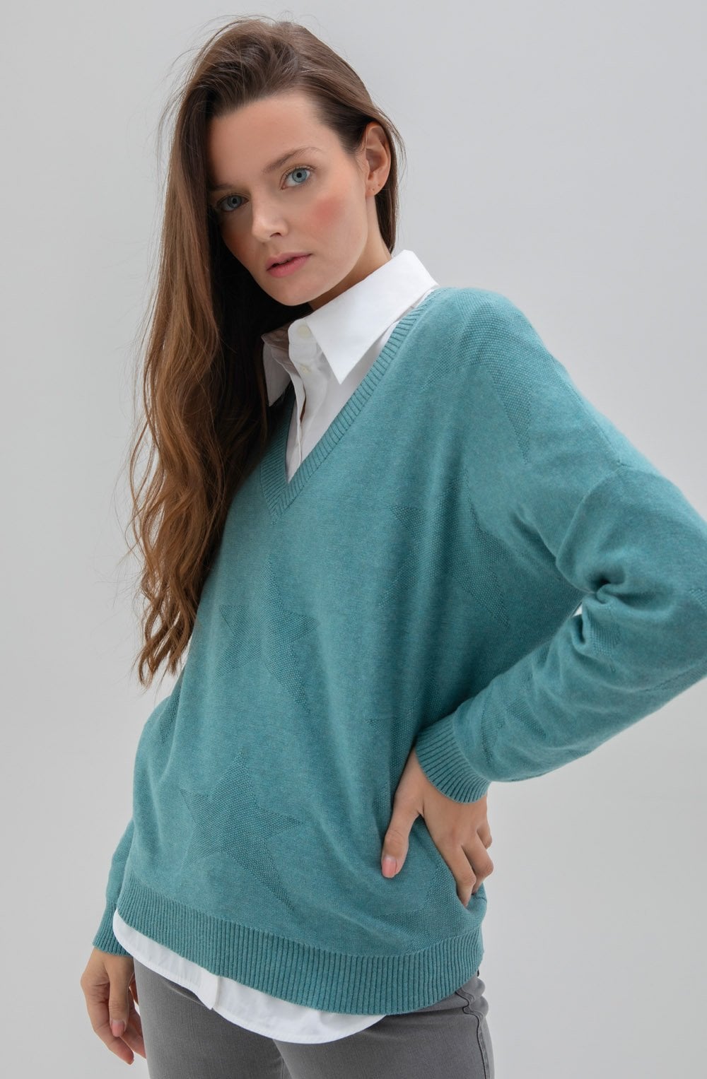 Turquoise Star Pattern Oversized Jumper