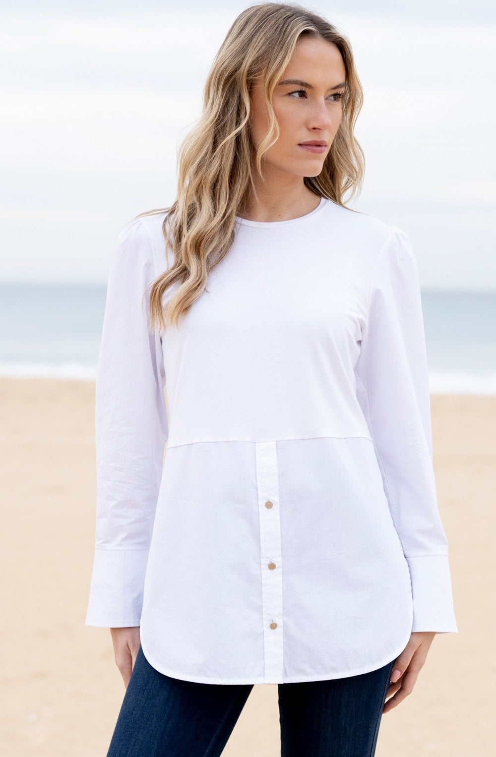 White Half Button Longline Blouse