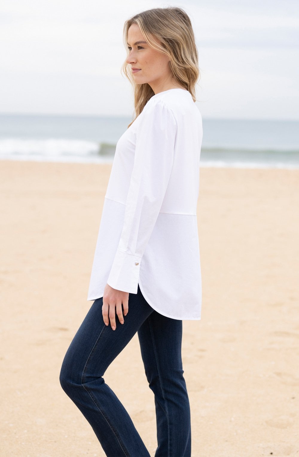 White Half Button Longline Blouse