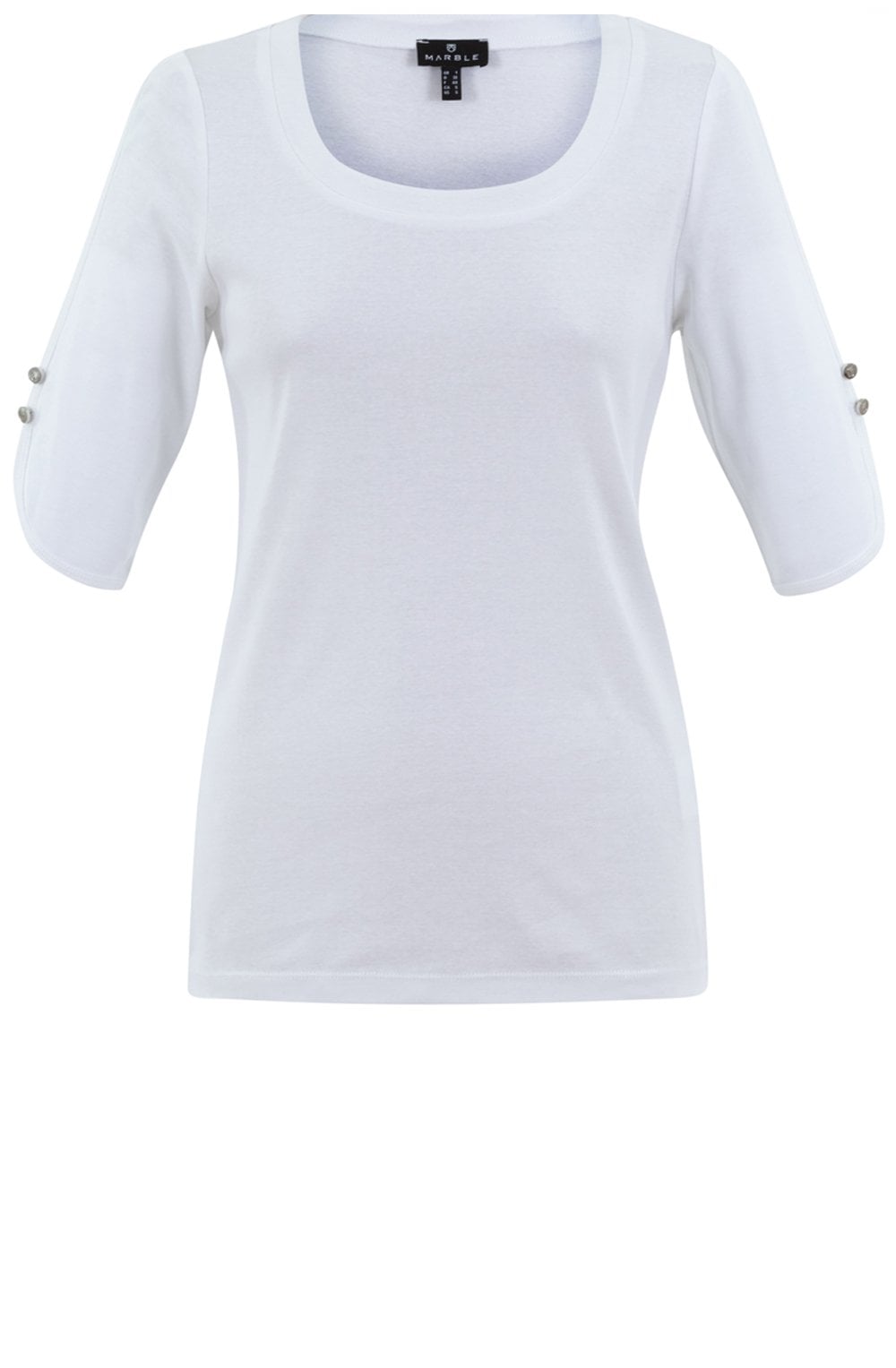 White Silver Button Sleeve T Shirt