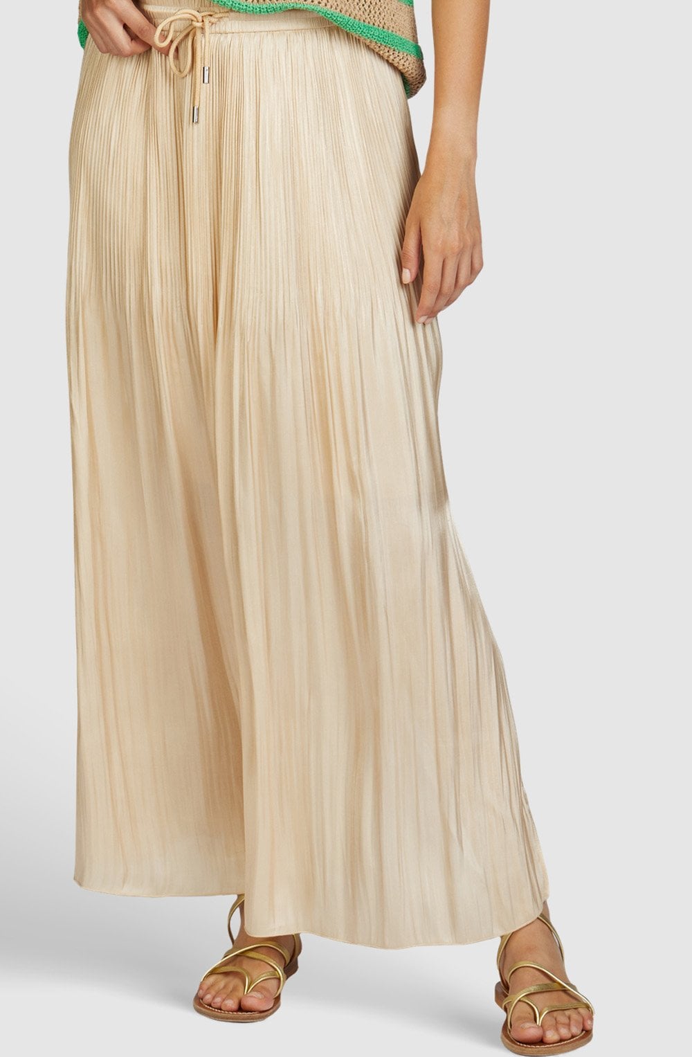 Beige Shimmer Pleated Midi Skirt