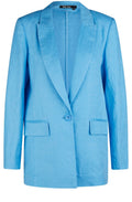 Blue Single Breasted Long Line Linen Blazer