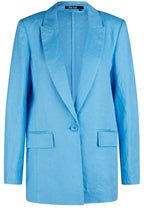 Blue Single Breasted Long Line Linen Blazer