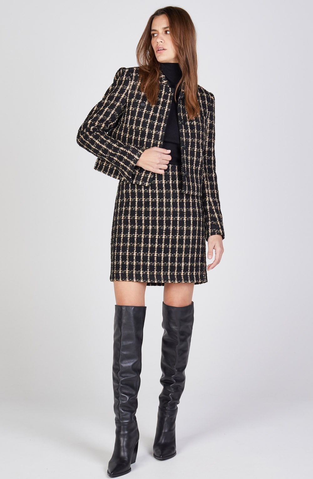 Camel and Black Checked Tweed Jacket