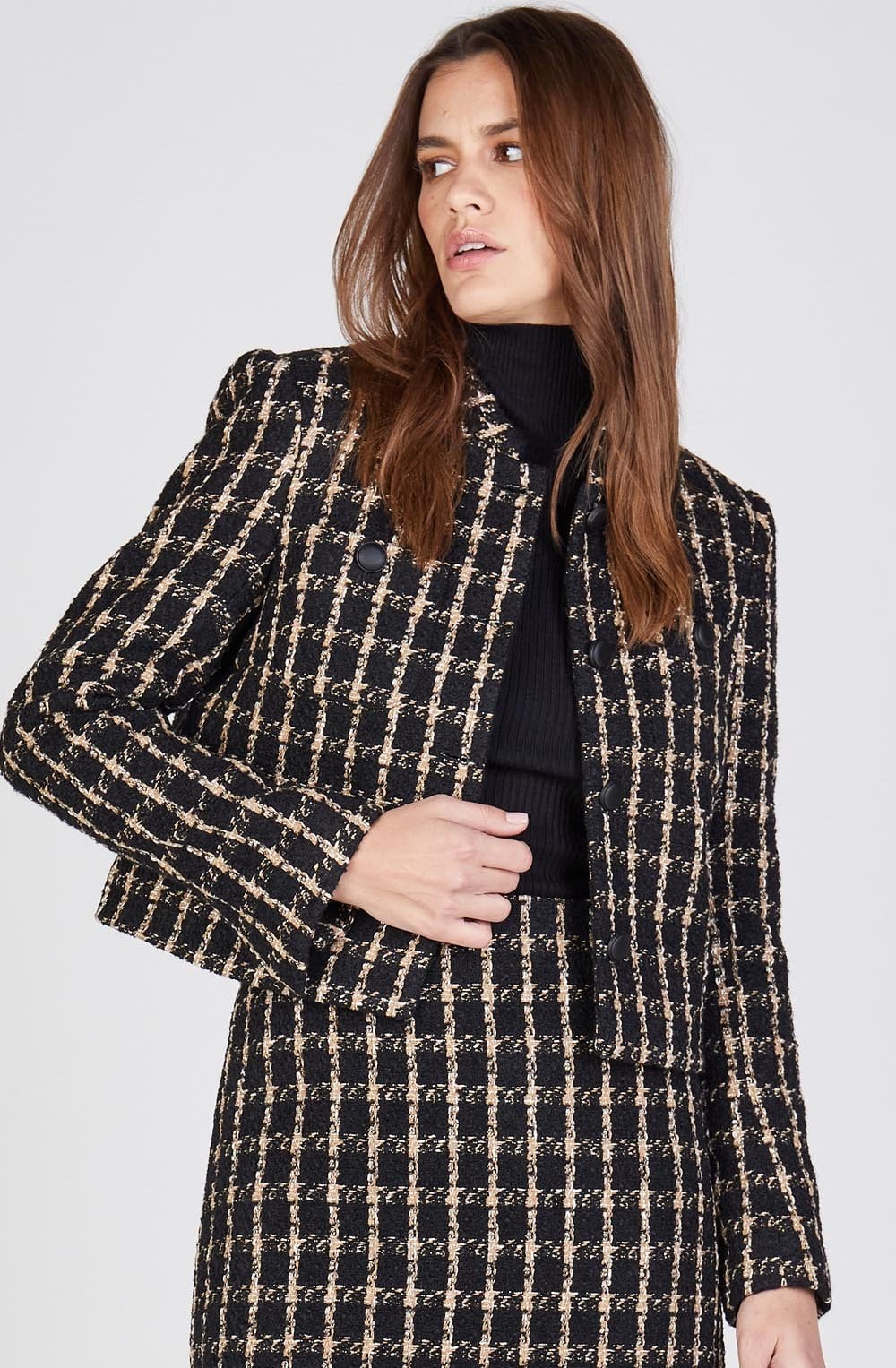 Camel and Black Checked Tweed Jacket