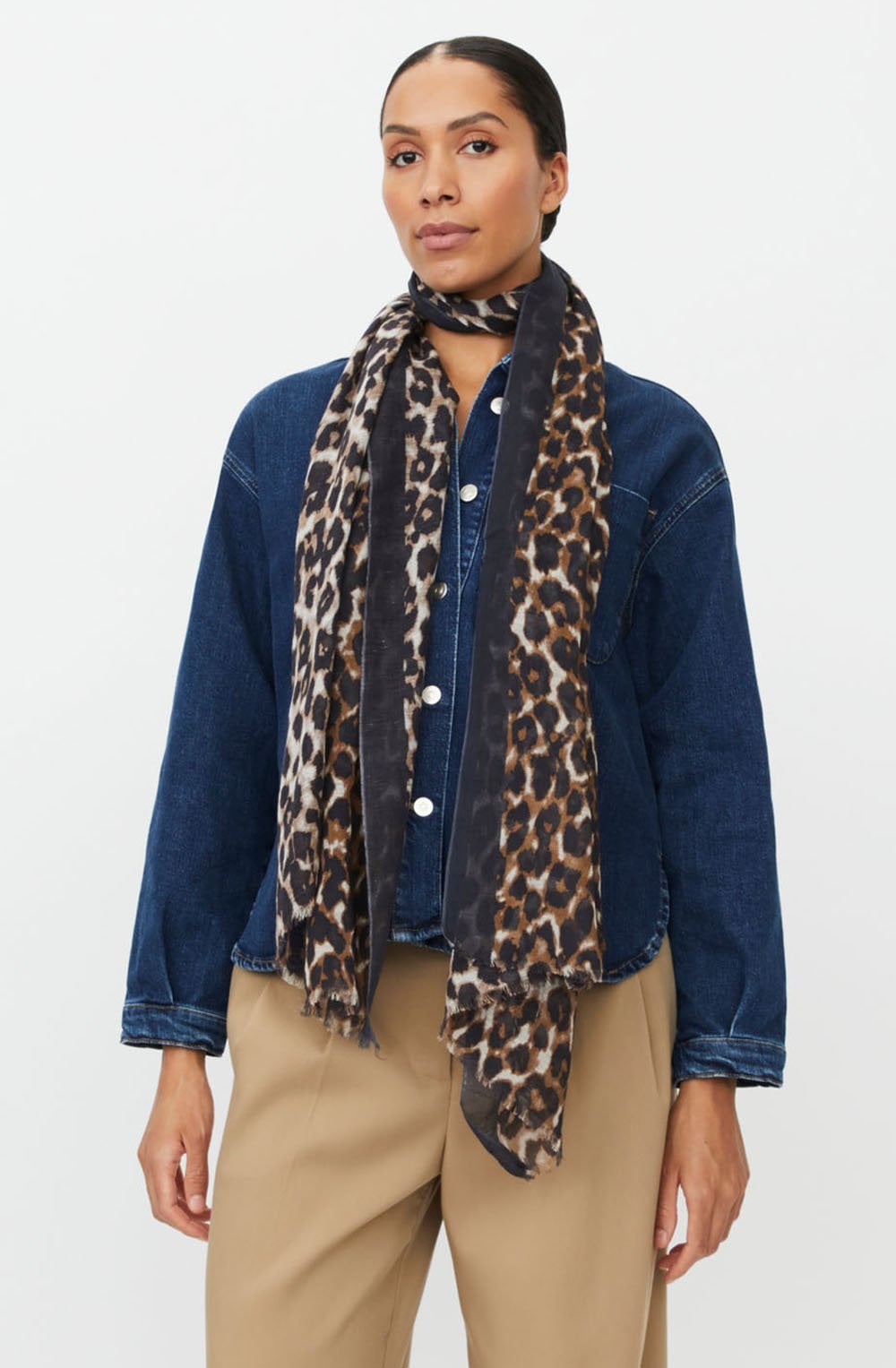 Alyvra Petrified Oak Leopard Frayed Edge Scarf