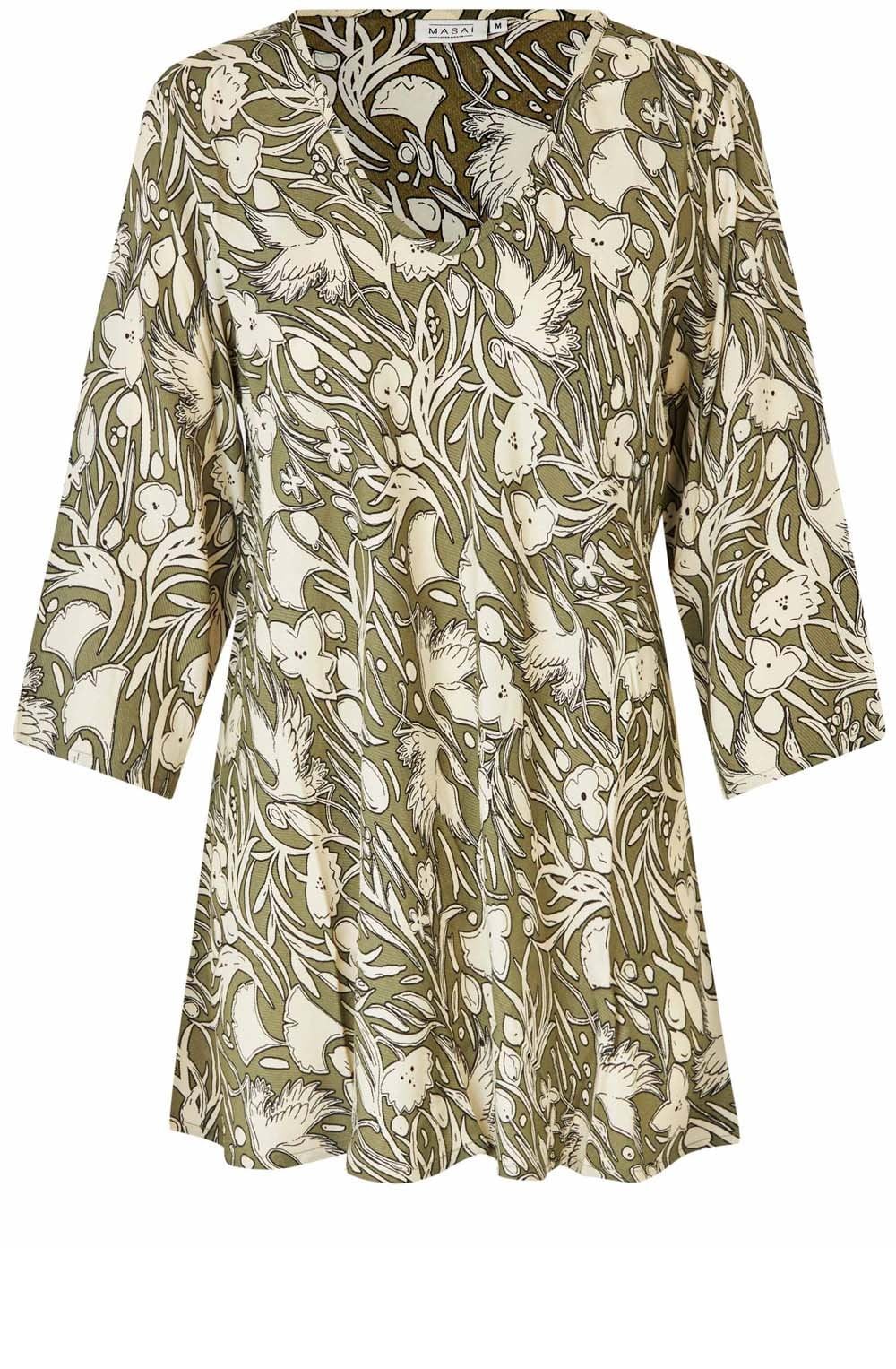 Dark Lichen Green Bird and Floral Kata Blouse