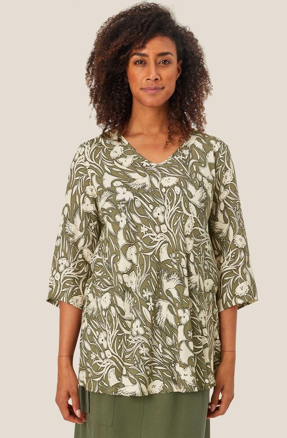 Dark Lichen Green Bird and Floral Kata Blouse