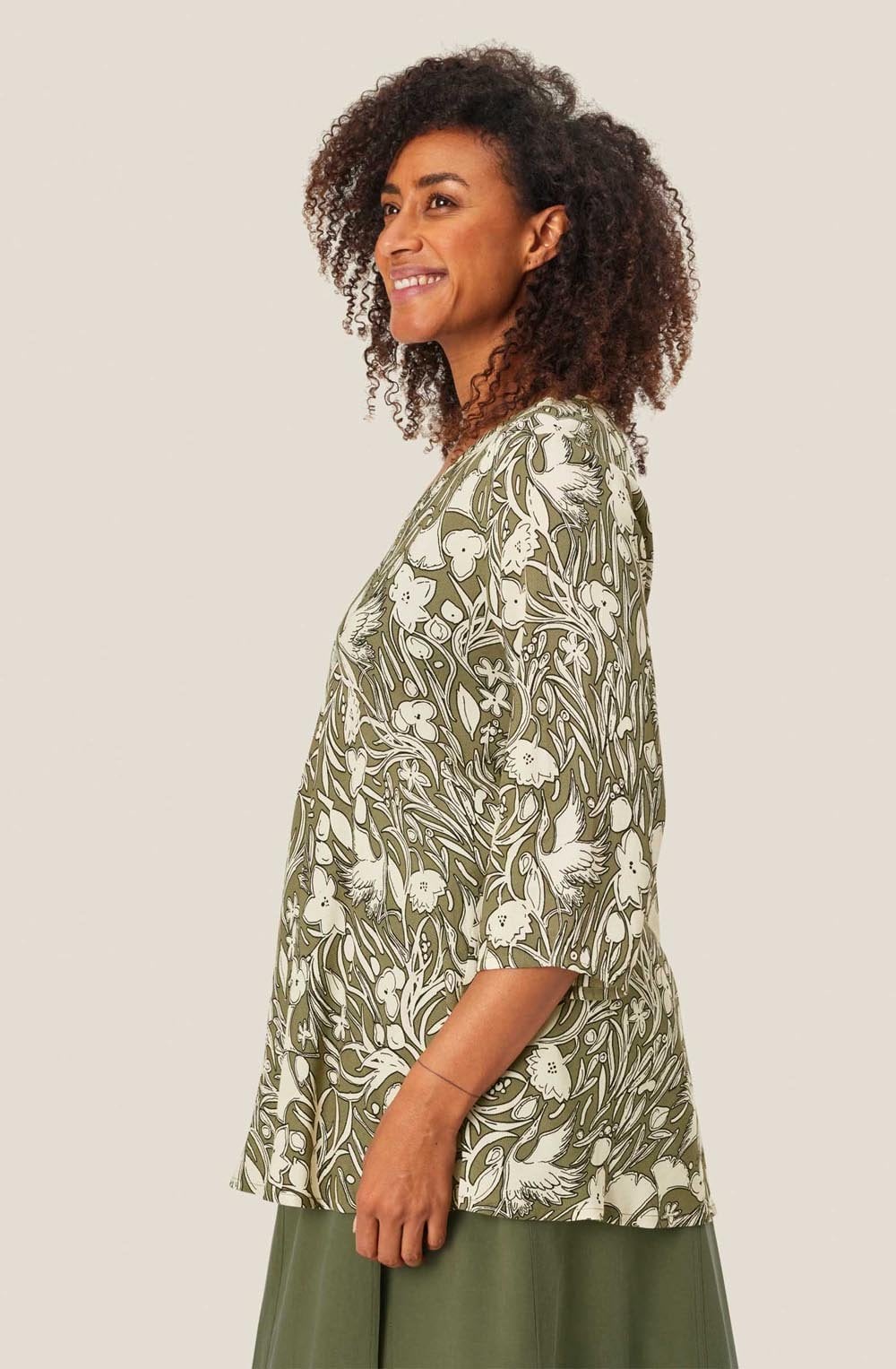 Dark Lichen Green Bird and Floral Kata Blouse