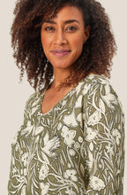 Dark Lichen Green Bird and Floral Kata Blouse