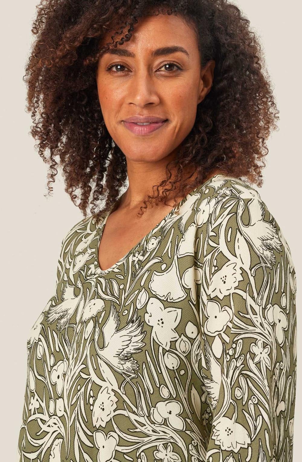 Dark Lichen Green Bird and Floral Kata Blouse