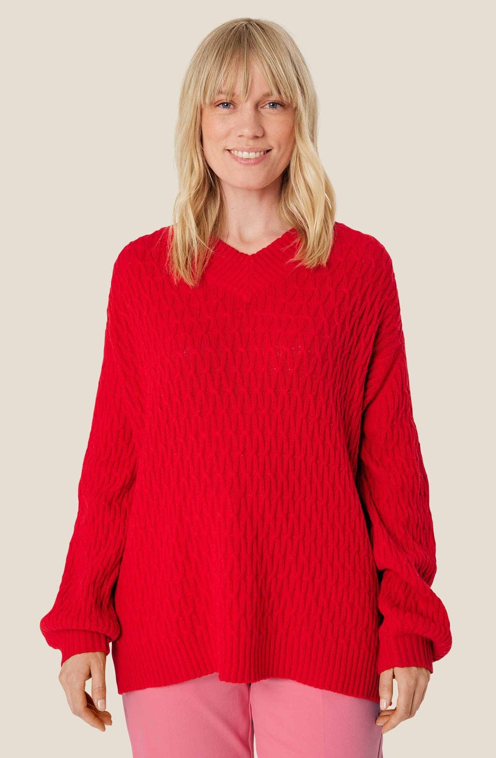 Flame Scarlet Patterned Knit Oversized Jumper