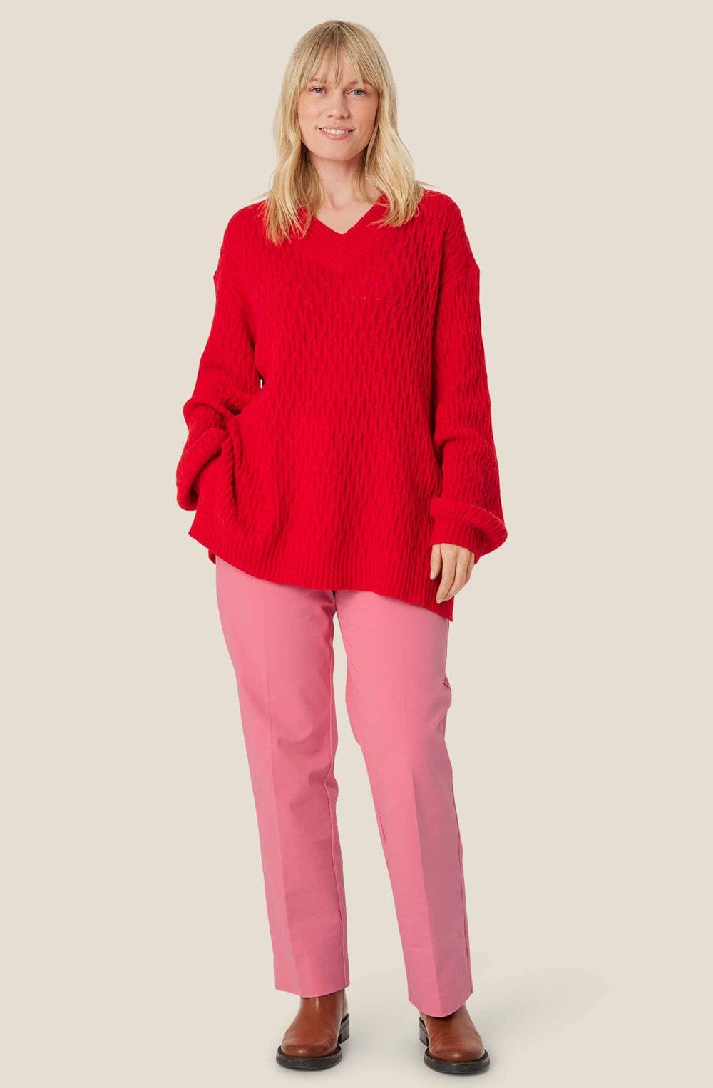 Flame Scarlet Patterned Knit Oversized Jumper