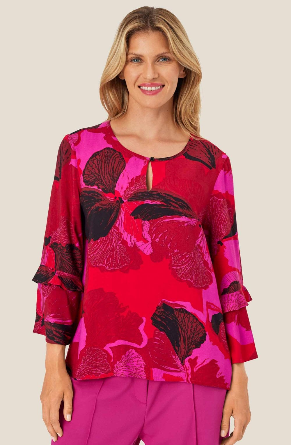 Haute Red Floral Ruffle Sleeve Bimelda Blouse