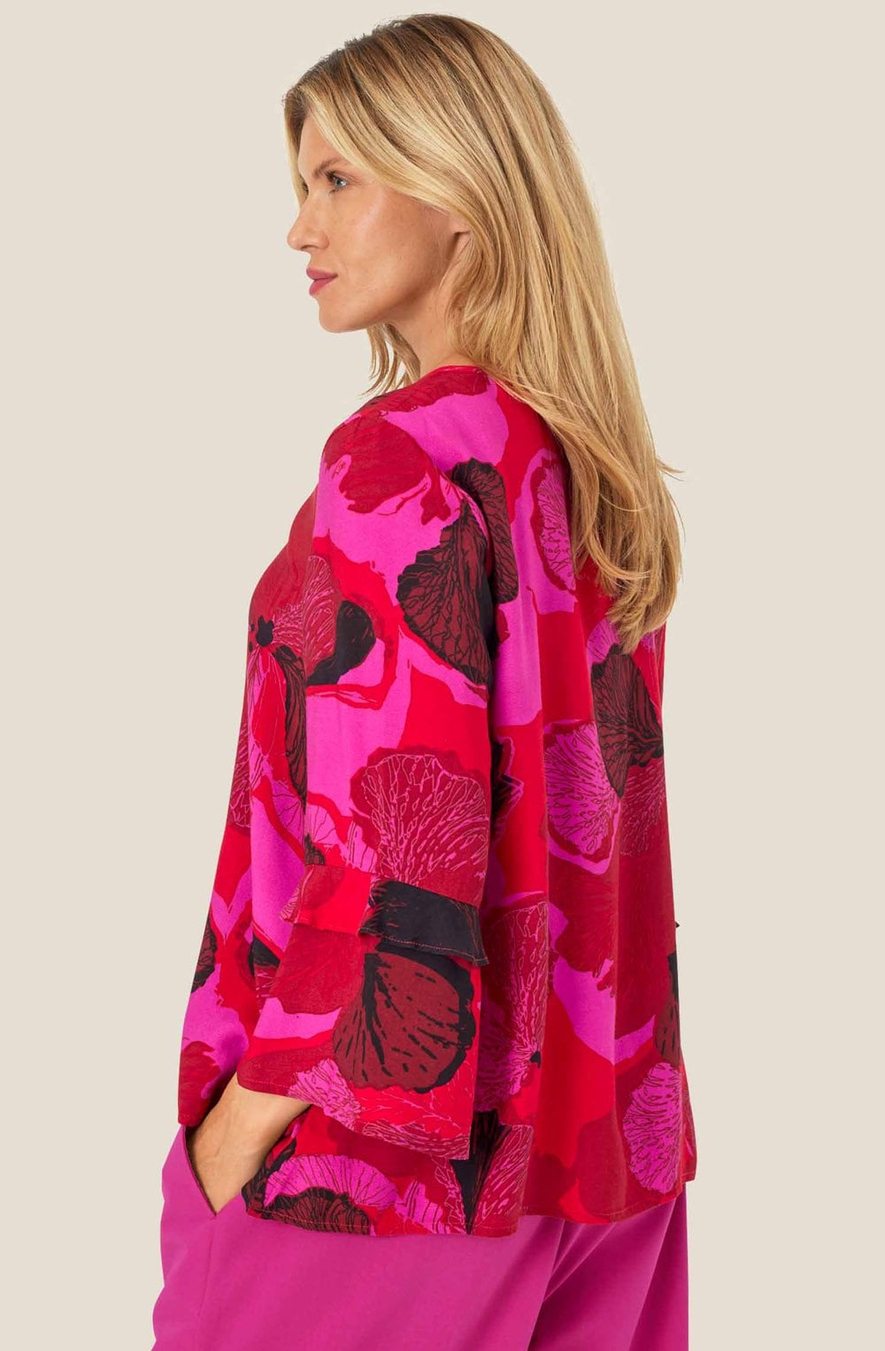 Haute Red Floral Ruffle Sleeve Bimelda Blouse