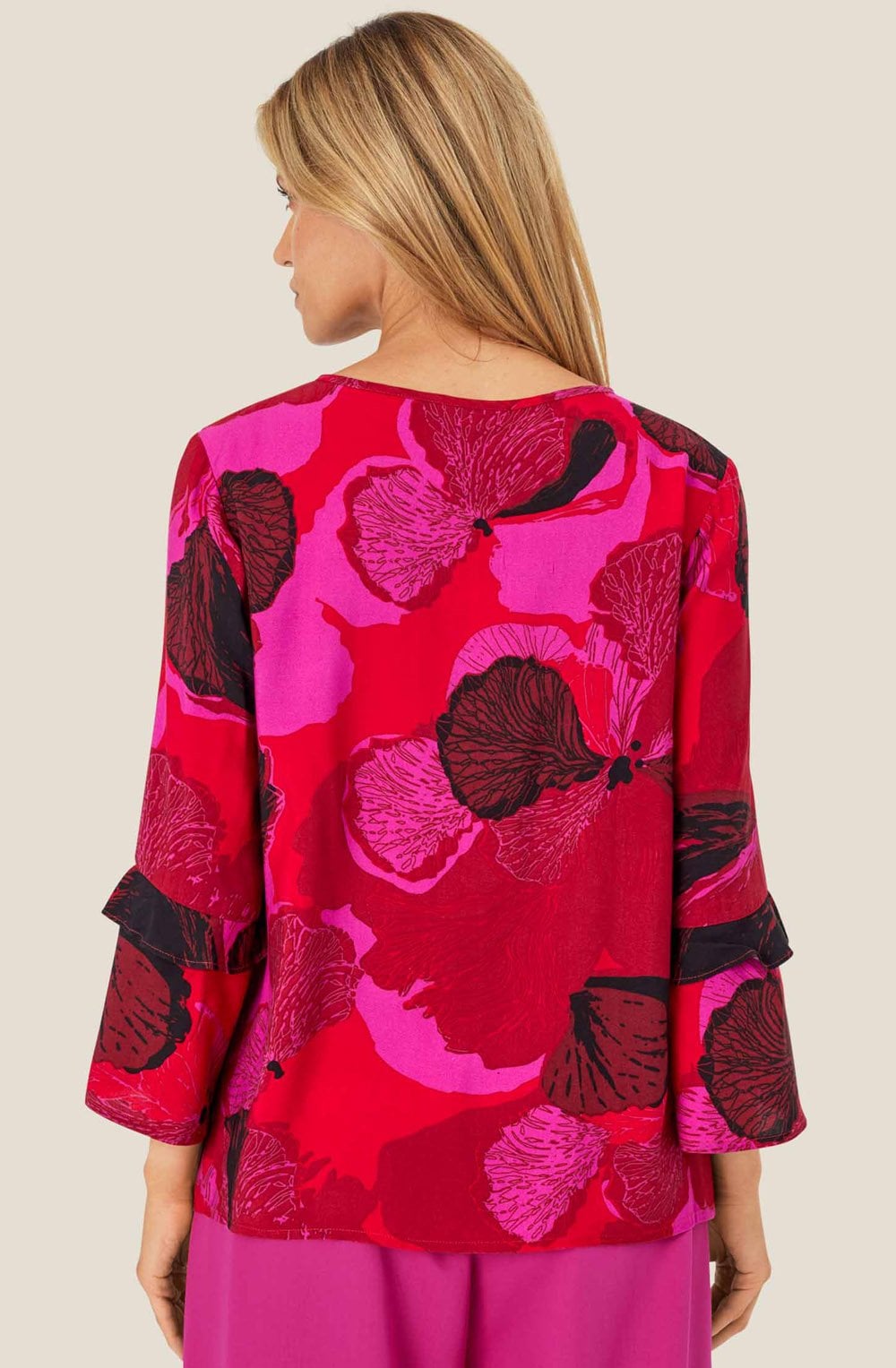 Haute Red Floral Ruffle Sleeve Bimelda Blouse