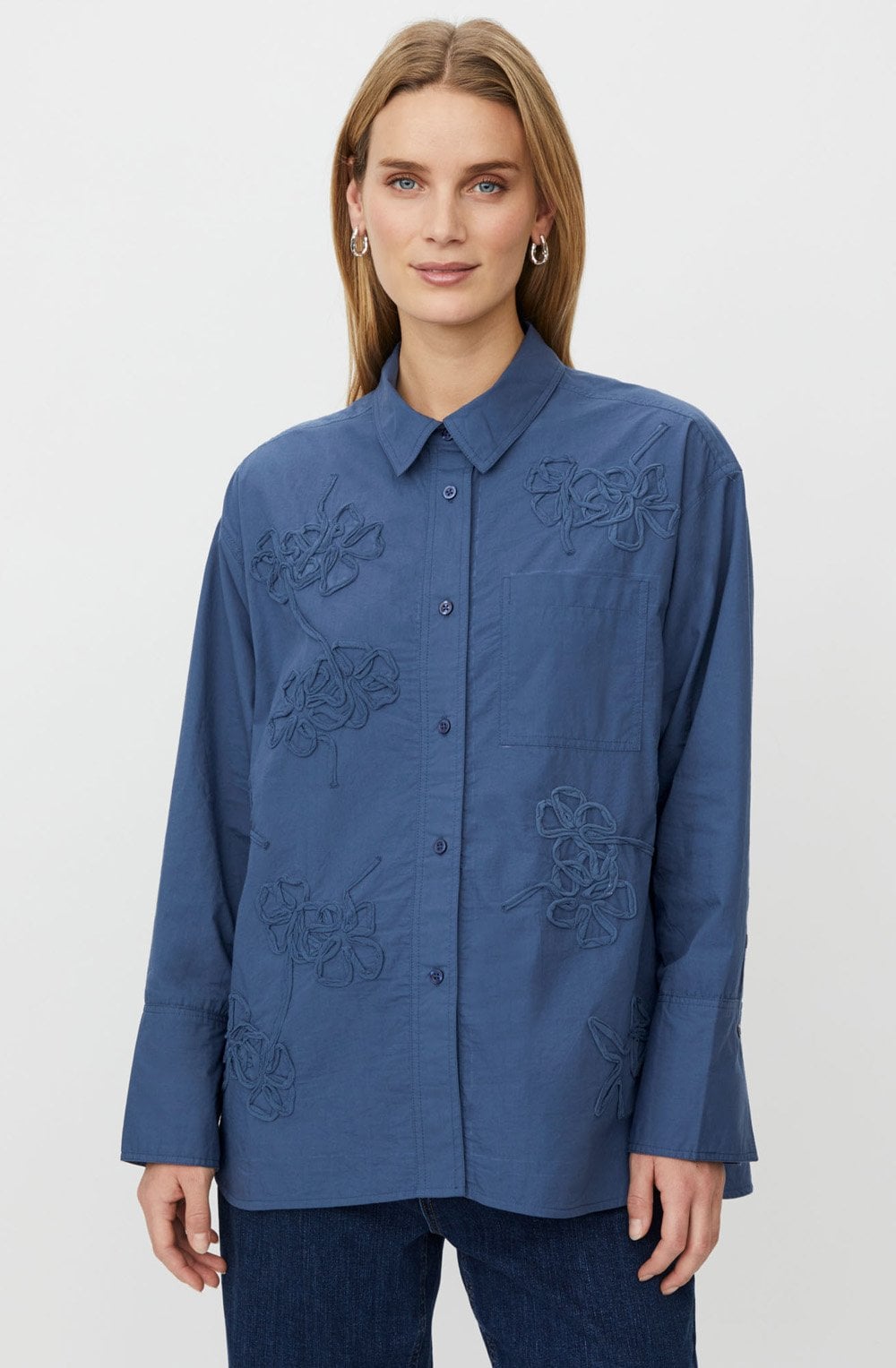 Iloria Ensign Blue Embroidered Oversized Shirt