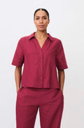 Iryssa Beet Red Collared V-Neck Linen Shirt
