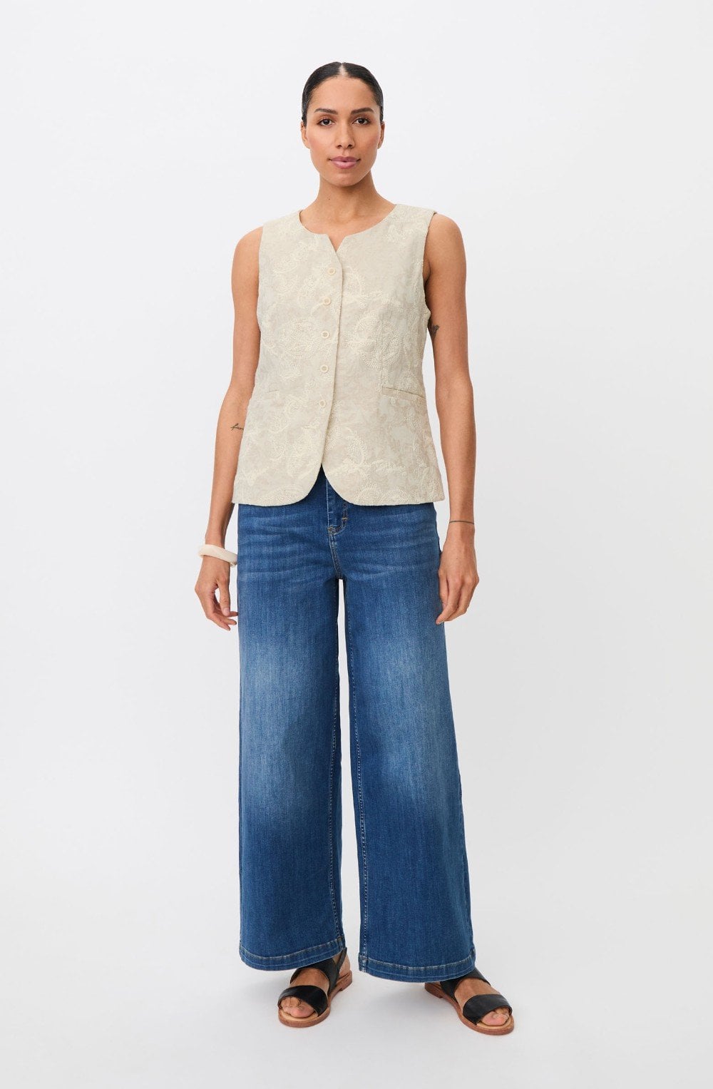 Jorviene Natural Embroidered Linen Mix Waistcoat